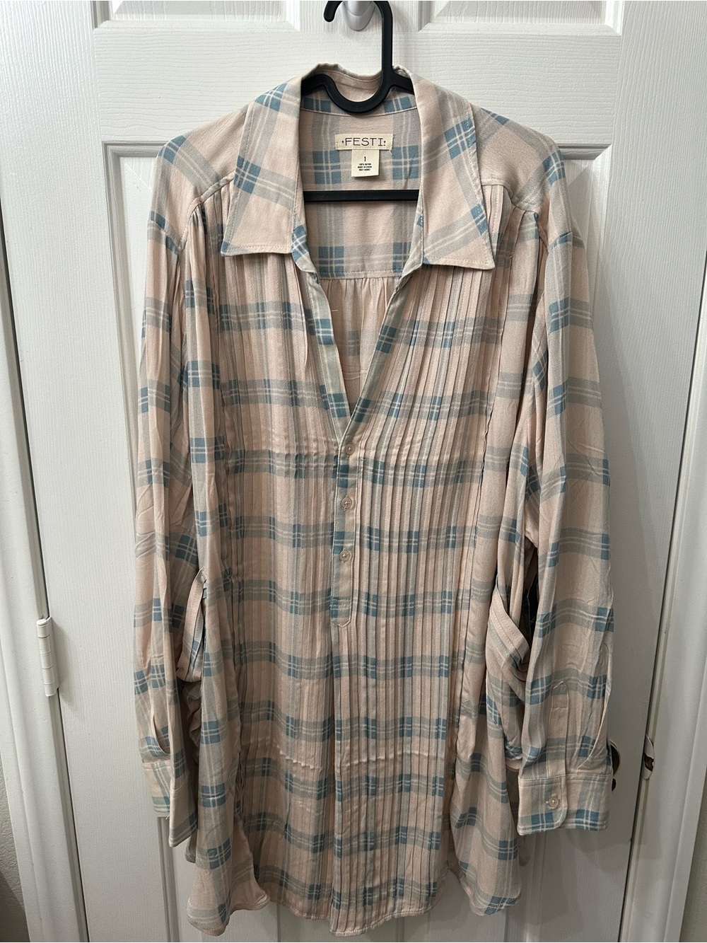 Torrid FESTI Top Popover Tunic Cream Blue Plaid Long Sleeve Collar 1X NWT